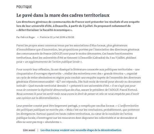 Le pavé dans la mare des cadres territoriaux