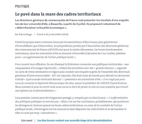 Le pavé dans la mare des cadres territoriaux